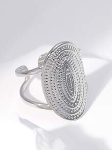 1枚几何圆形戒指，夸张个性戒指，宽边戒指，朋克风戒指，金属质感戒指，不锈钢开口戒指，不锈钢男女通用戒指，适合日常佩戴和派对，304不锈钢大圆螺纹可调节戒指，油压戒指，粗犷戒指，夏季海滩元素戒指，海龟壳戒指，适合海滩度假、婚礼季和母亲节礼物 - 銀色 - 查看 2