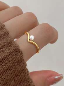 1pc Geometric V-Shaped Pearl Decor Opening Copper Ring, Suitable For Wedding Season And Engagement - Yellow Gold - View 2