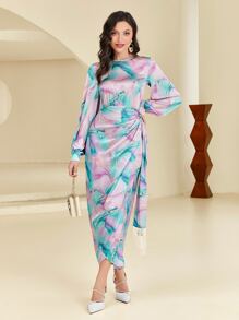 Modelyn Marble Print Lantern Sleeve Knot Side Wrap Hem Satin Dress Long Evening Dresses - Multicolor - View 3