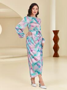 Modelyn Marble Print Lantern Sleeve Knot Side Wrap Hem Satin Dress Long Evening Dresses - Multicolor - View 5