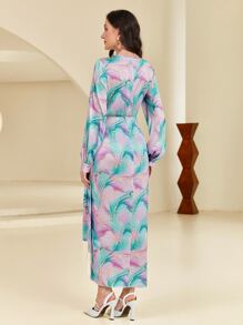 Modelyn Marble Print Lantern Sleeve Knot Side Wrap Hem Satin Dress Long Evening Dresses - Multicolor - View 7