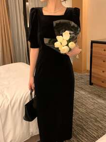 DAZY Square Neck Puff Sleeve Dress Without Belt - Black - View 1