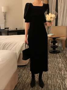 DAZY Square Neck Puff Sleeve Dress Without Belt - Black - View 3