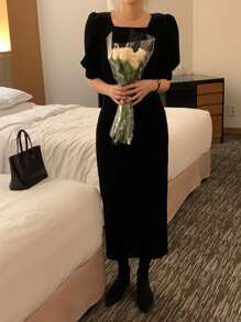 DAZY Square Neck Puff Sleeve Dress Without Belt - Black - View 4