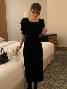 DAZY Square Neck Puff Sleeve Dress Without Belt - Black - View 5