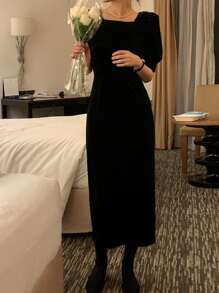 DAZY Square Neck Puff Sleeve Dress Without Belt - Black - View 6