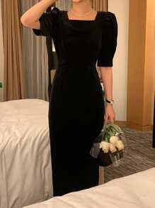 DAZY Square Neck Puff Sleeve Dress Without Belt - Black - View 8