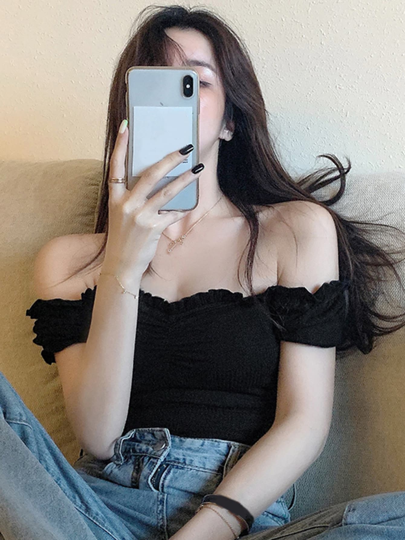 DAZY Women Off Shoulder Ruffle Trim Short Sleeve Slim Fit T-Shirt, Solid Color, Autumn,Crop Tops Women - Black - View 1