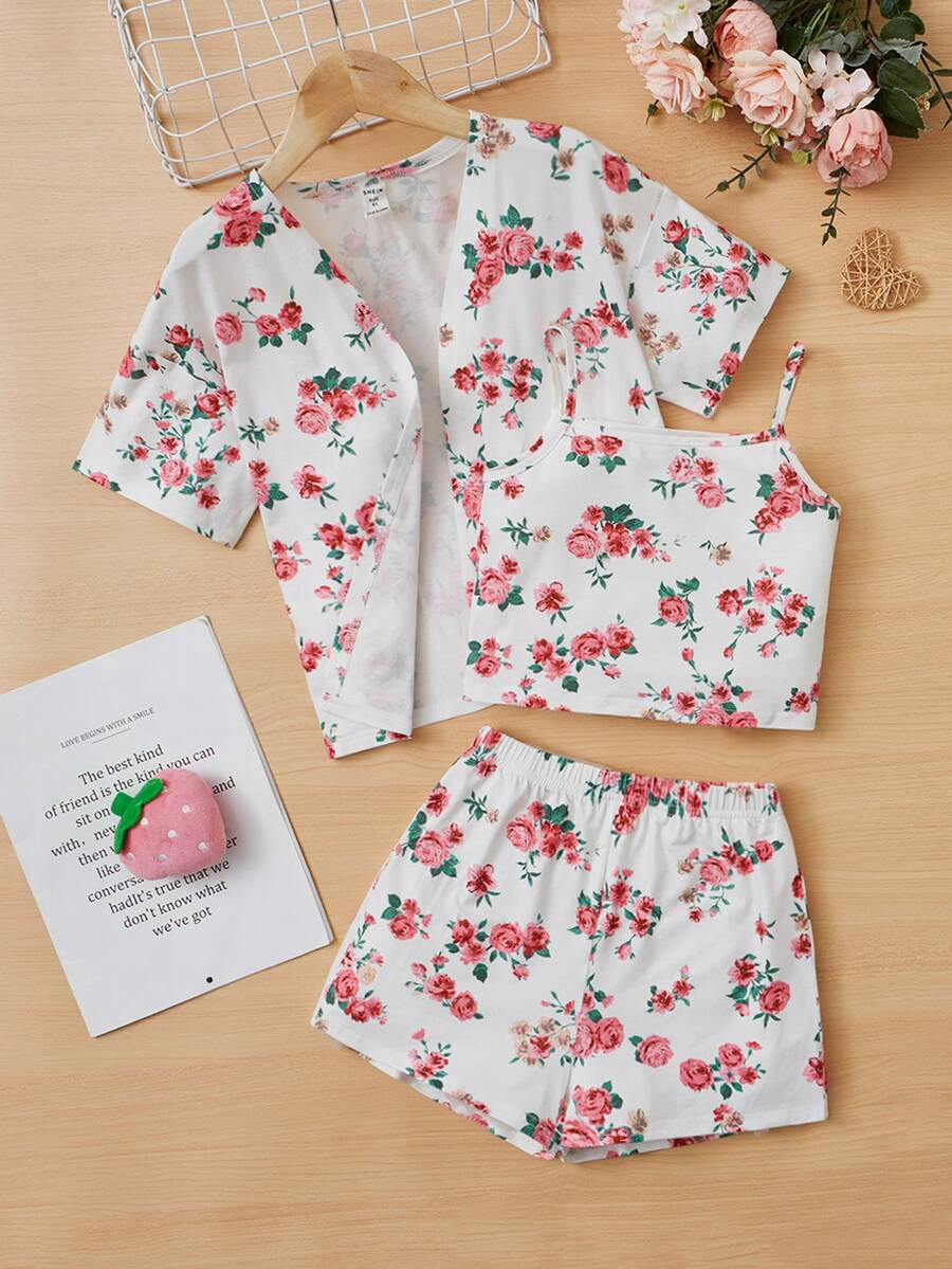 SHEIN Girls 3pcs Floral Print PJ Set - Multicolor - View 1