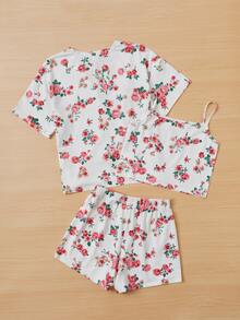 SHEIN Girls 3pcs Floral Print PJ Set - Multicolor - View 2