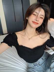 DAZY Women Off Shoulder Ruffle Trim Short Sleeve Slim Fit T-Shirt, Solid Color, Autumn,Crop Tops Women - Black - View 10