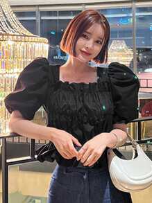 DAZY Square Neck Puff Sleeve Blouse - Black - View 1