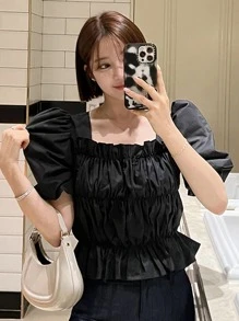 DAZY Square Neck Puff Sleeve Blouse - Black - View 2