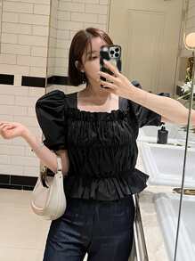 DAZY Square Neck Puff Sleeve Blouse - Black - View 3