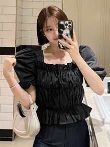 DAZY Square Neck Puff Sleeve Blouse - Black - View 4