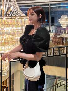 DAZY Square Neck Puff Sleeve Blouse - Black - View 5