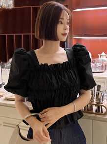 DAZY Square Neck Puff Sleeve Blouse - Black - View 6