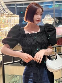 DAZY Square Neck Puff Sleeve Blouse - Black - View 7