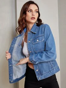 SHEIN Essnce Flap Pocket Denim Jacket - Medium Wash - View 1