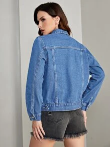 SHEIN Essnce Flap Pocket Denim Jacket - Medium Wash - View 2