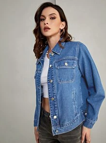 SHEIN Essnce Flap Pocket Denim Jacket - Medium Wash - View 3