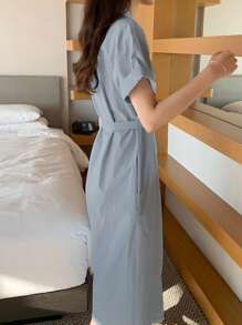 DAZY 素色腰帶襯衫連衣裙 - 藍色 - 查看 2