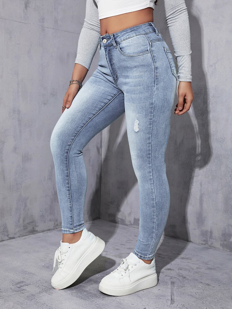 拉鏈門襟緊身牛仔褲 - 淺色水洗藍 - 查看 5