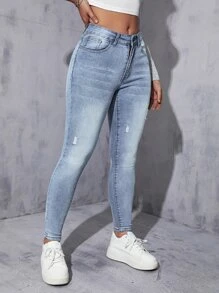 Zip Fly Skinny Jeans - Light Wash - View 6