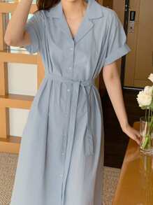 DAZY 素色腰帶襯衫連衣裙 - 藍色 - 查看 4
