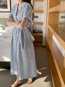 DAZY 素色腰帶襯衫連衣裙 - 藍色 - 查看 6