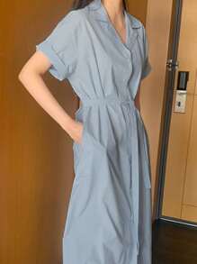 DAZY 素色腰帶襯衫連衣裙 - 藍色 - 查看 7