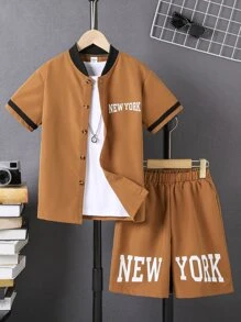 SHEIN Boys Letter Graphic Baseball Collar Shirt & Shorts Without Tee