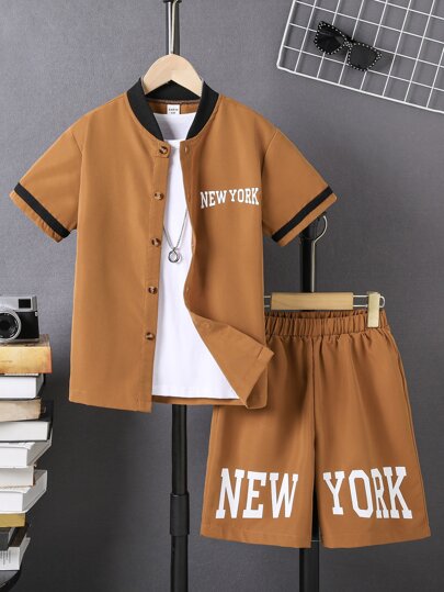 SHEIN Boys Letter Graphic Baseball Collar Shirt & Shorts Without Tee