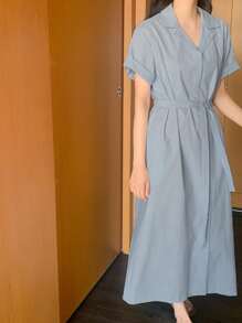DAZY 素色腰帶襯衫連衣裙 - 藍色 - 查看 8