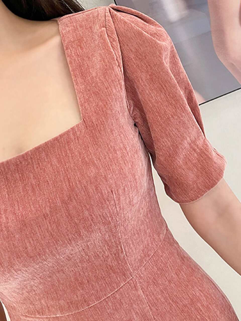 Square Neck Puff Sleeve Velvet Dress