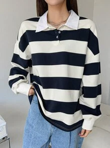 DAZY Sudadera de color combinado de cuello polo de hombros caídos - Azul y blanco - Ver 1