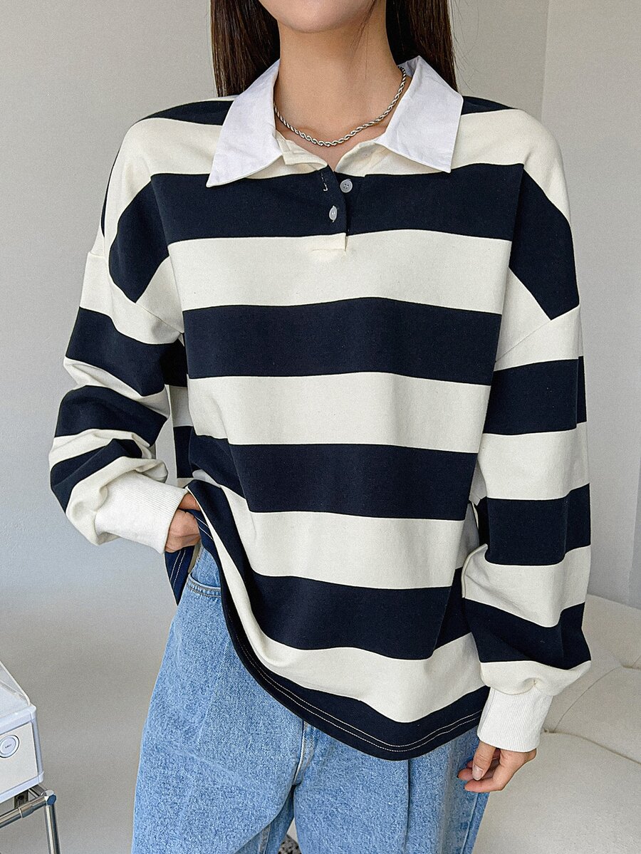 DAZY Sudadera de color combinado de cuello polo de hombros caídos - Azul y blanco - Ver 1