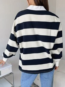 DAZY Sudadera de color combinado de cuello polo de hombros caídos - Azul y blanco - Ver 2