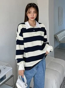 DAZY Sudadera de color combinado de cuello polo de hombros caídos - Azul y blanco - Ver 3