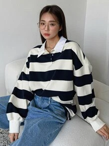 DAZY Sudadera de color combinado de cuello polo de hombros caídos - Azul y blanco - Ver 4