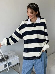 DAZY Sudadera de color combinado de cuello polo de hombros caídos - Azul y blanco - Ver 5