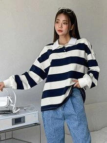 DAZY Sudadera de color combinado de cuello polo de hombros caídos - Azul y blanco - Ver 7