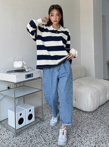 DAZY Sudadera de color combinado de cuello polo de hombros caídos - Azul y blanco - Ver 8