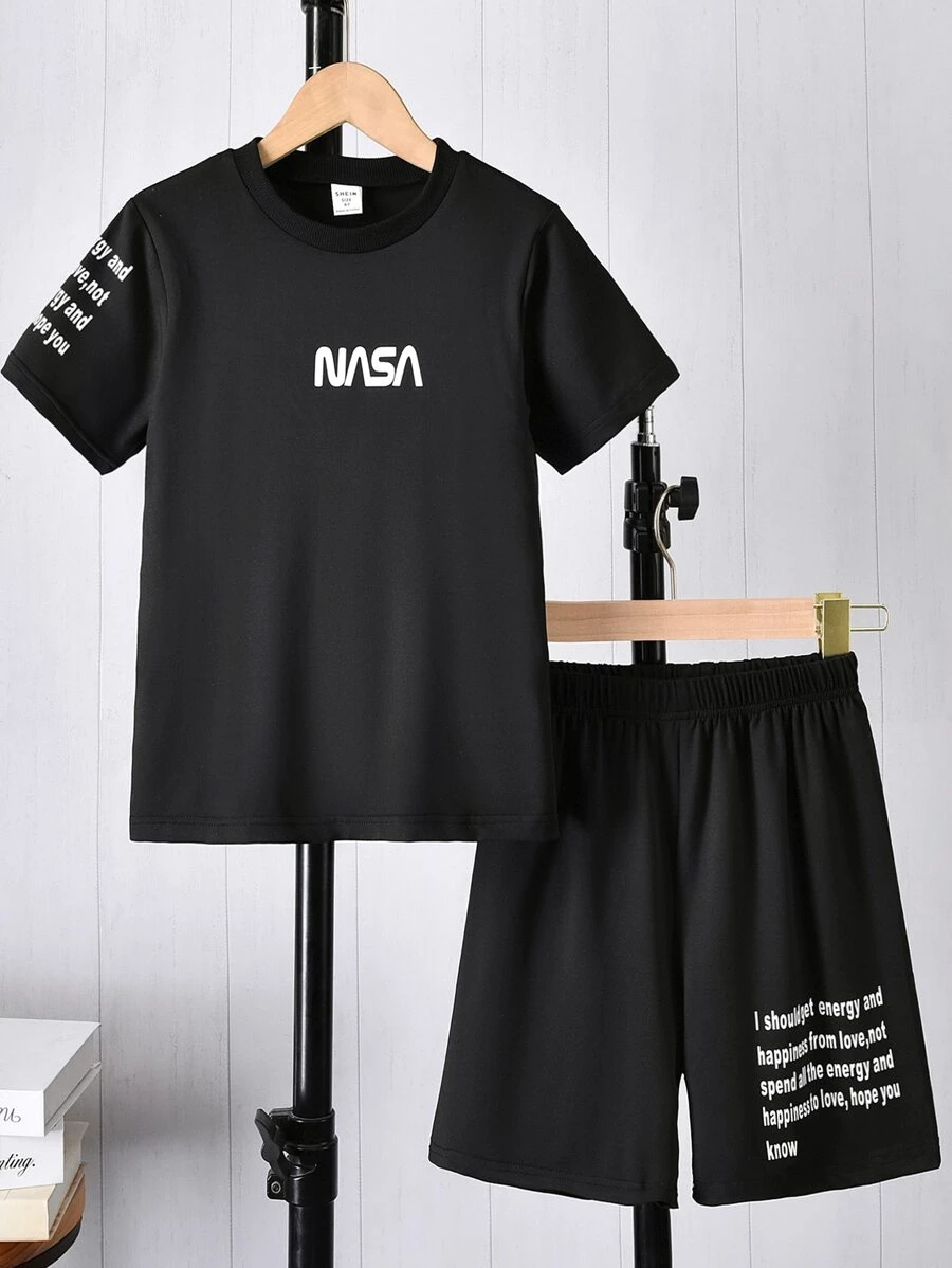 SHEIN Boys Slogan Graphic Tee & Shorts - Black - View 1