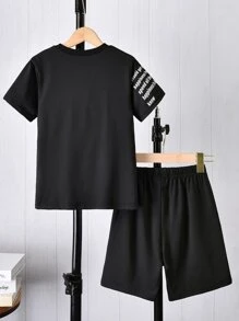 SHEIN Boys Slogan Graphic Tee & Shorts - Black - View 2