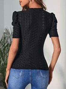 SHEIN Clasi Puff Sleeve Eyelet Embroidery Tee - Black - View 2