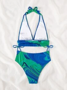 Swirl Print Tankini Set Drawstring Side Halter Top & High Waisted Bottom 2 Piece Bathing Suit - Multicolor - View 6