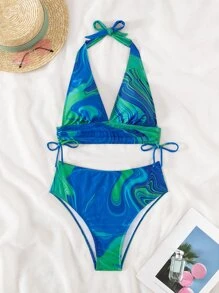 Swirl Print Tankini Set Drawstring Side Halter Top & High Waisted Bottom 2 Piece Bathing Suit - Multicolor - View 7