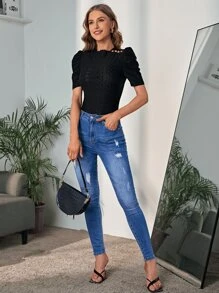 SHEIN Clasi Puff Sleeve Eyelet Embroidery Tee - Black - View 4