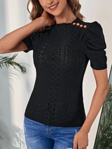 SHEIN Clasi Puff Sleeve Eyelet Embroidery Tee - Black - View 5